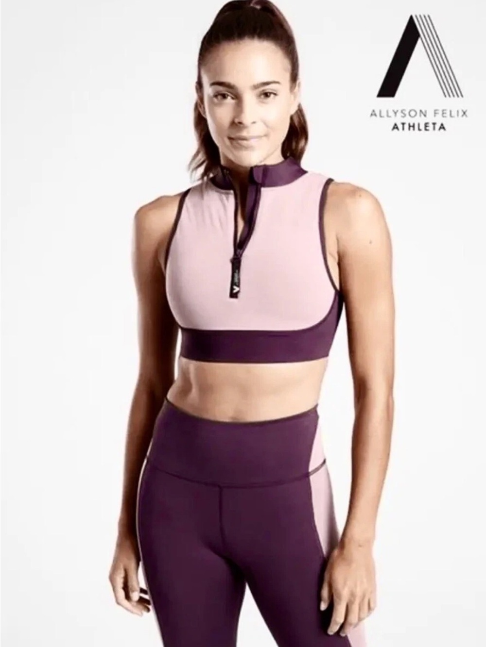 ATHLETA Allyson Felix Legend Mesh L Agate Purple Yoga Set 2 Leggings Crop Top